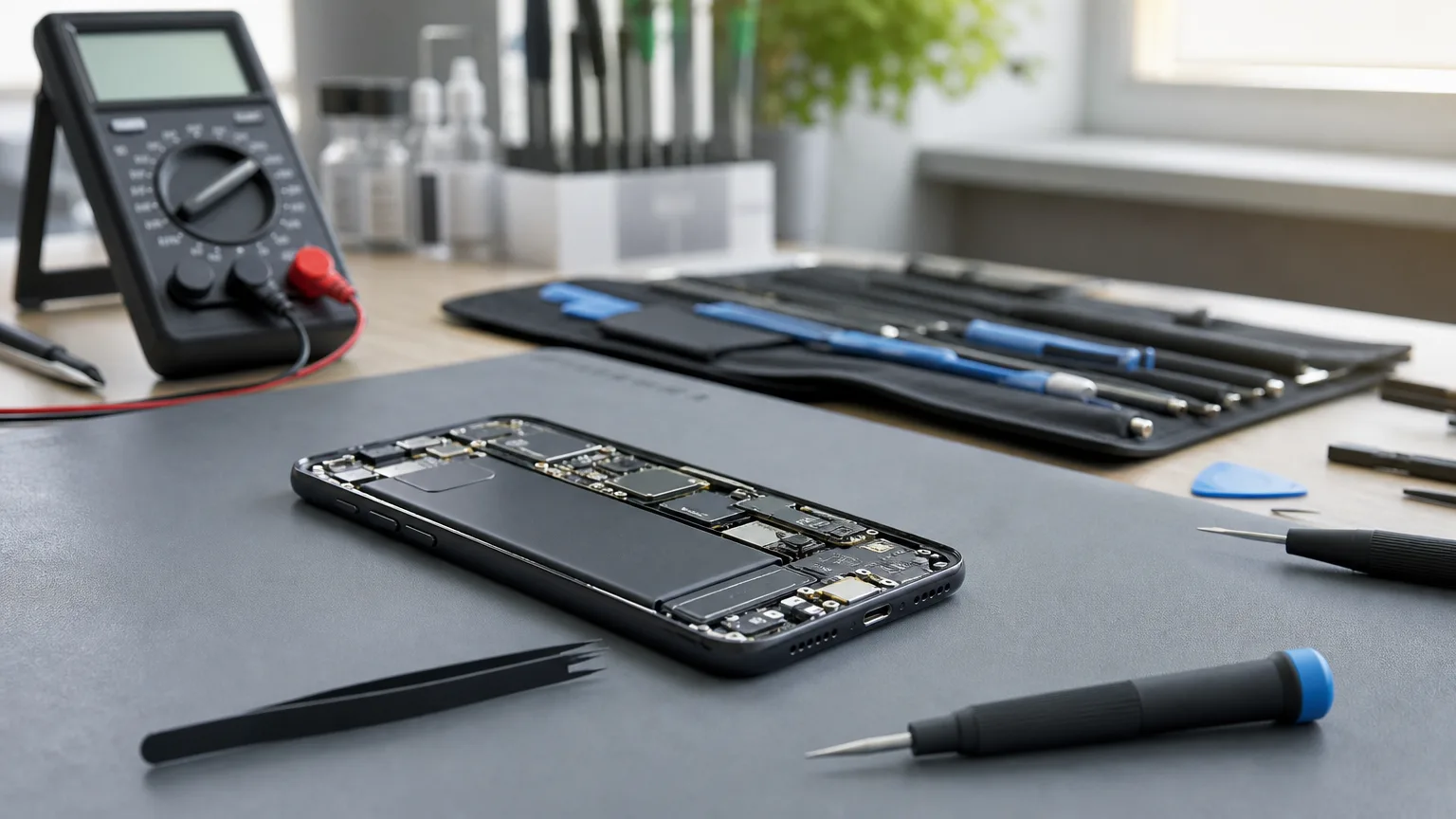 Techniker prüft einen Smartphone-Akku in einer modernen Reparaturwerkstatt