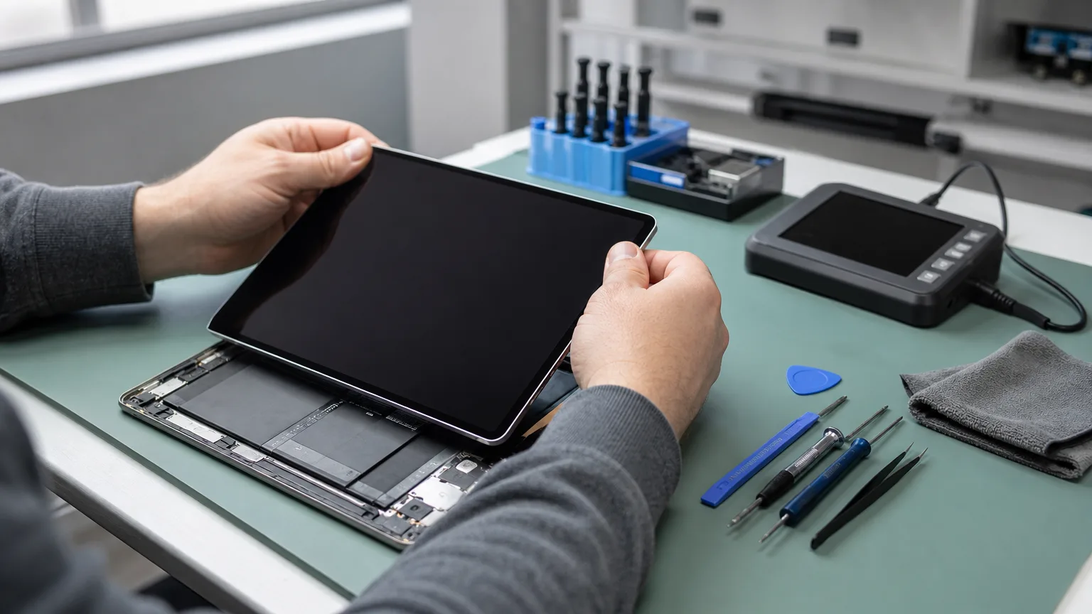 Geöffnetes iPad zur professionellen Touchscreen-Diagnose auf einer Werkbank