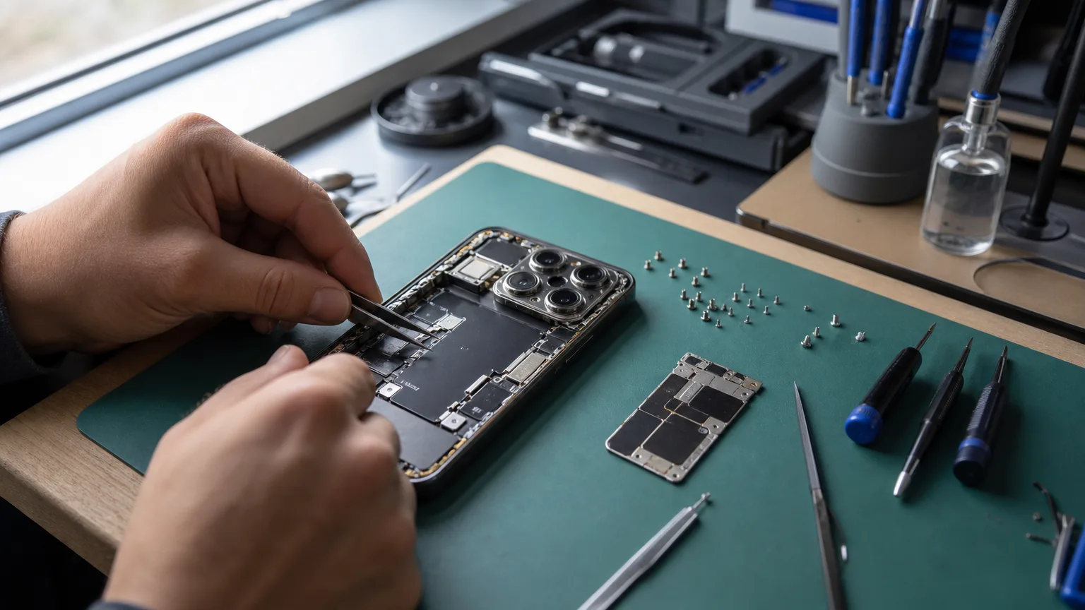Geöffnetes iPhone mit freigelegtem rückseitigem Kameramodul auf einer Werkbank