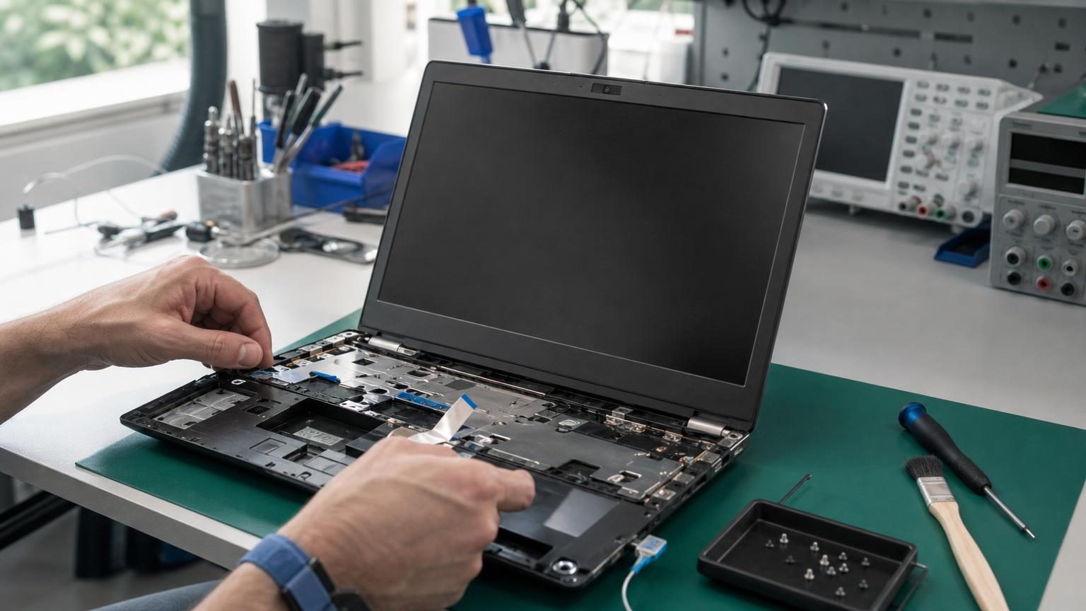 Geöffneter Laptop mit freigelegter Tastatureinheit auf einer Werkbank