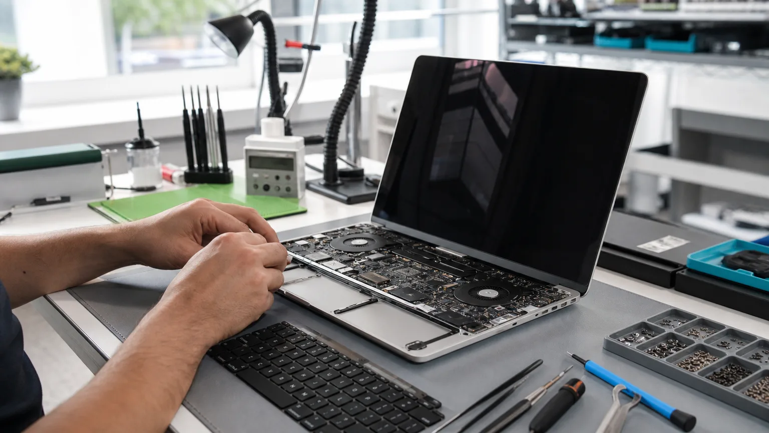 Geöffnetes MacBook mit ausgebauter Tastatureinheit auf einer Werkbank