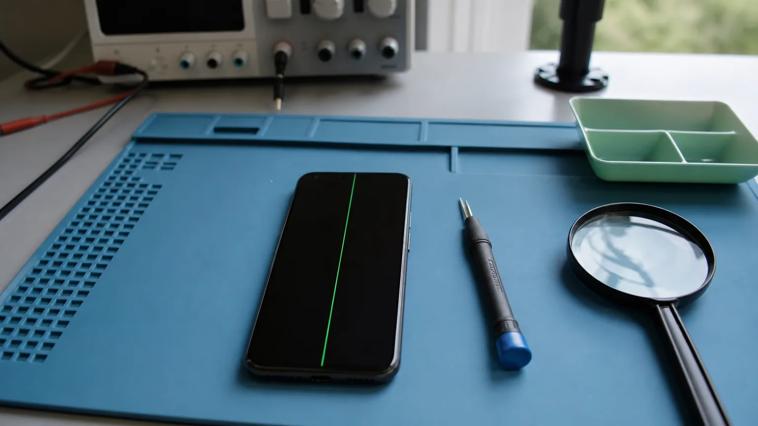 Samsung-Smartphone mit grüner Displaylinie auf einer Werkbank